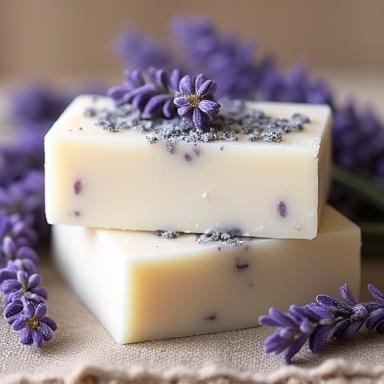 A block of lavender handmade soap with dried lavender buds embedded
